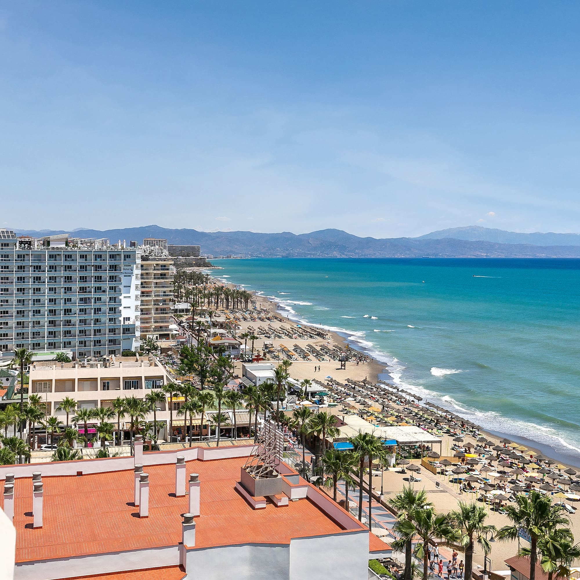 a beach with buildings and palm trees