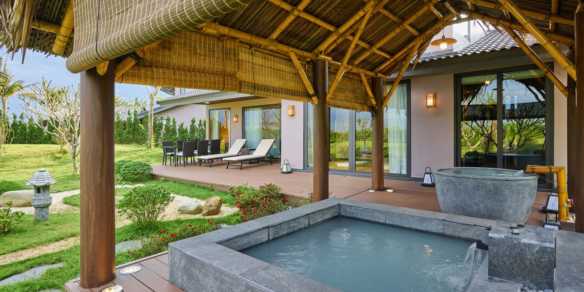 a hot tub and a covered patio
