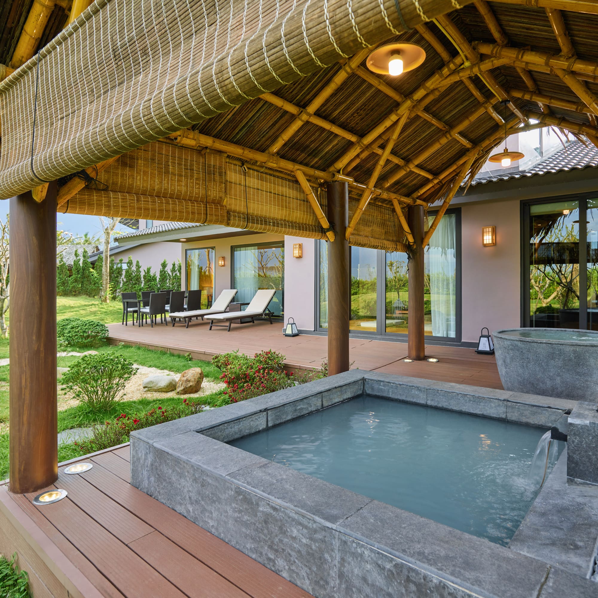 a hot tub and a covered patio