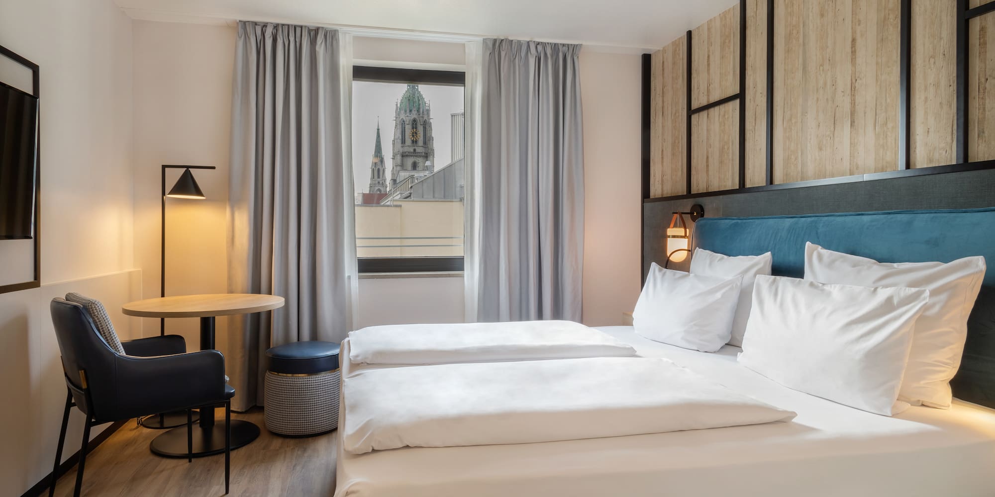 a room with a bed and a table