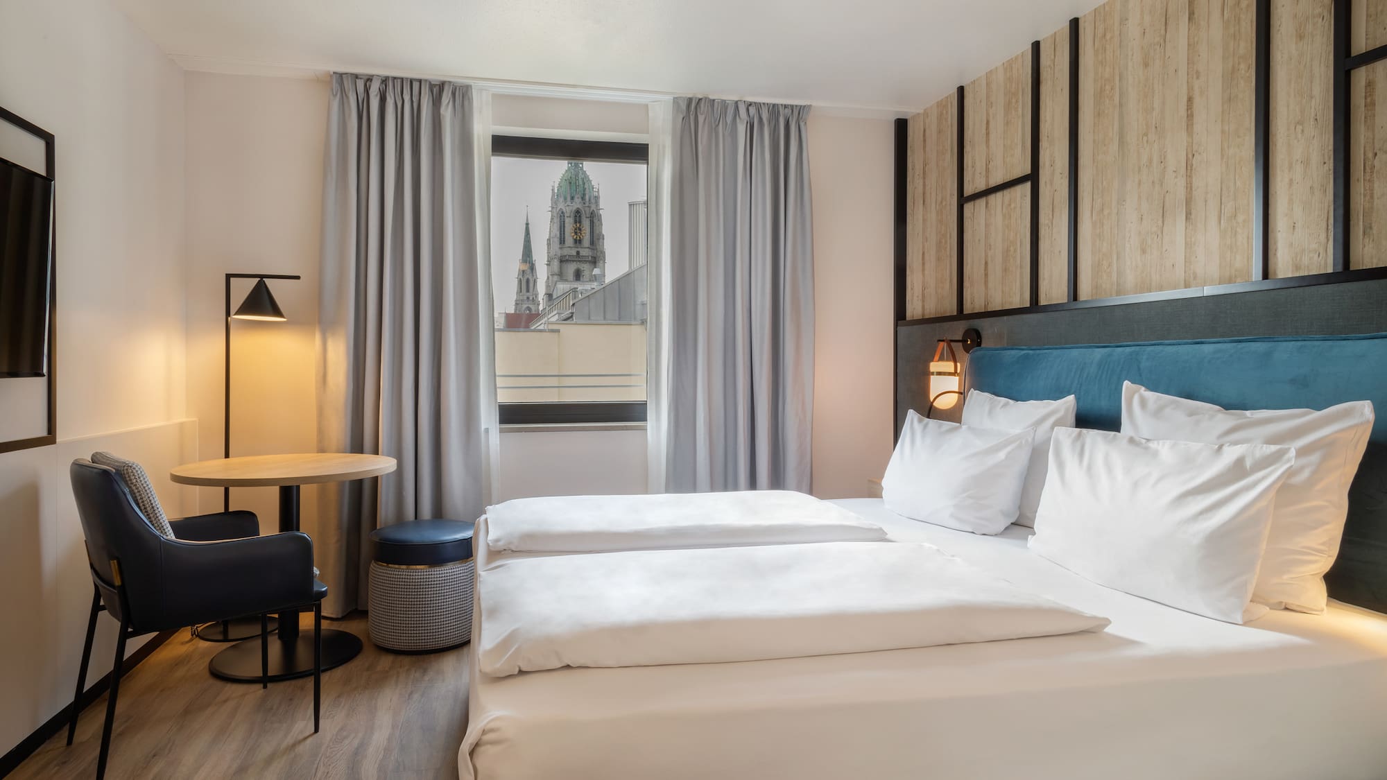 a room with a bed and a table