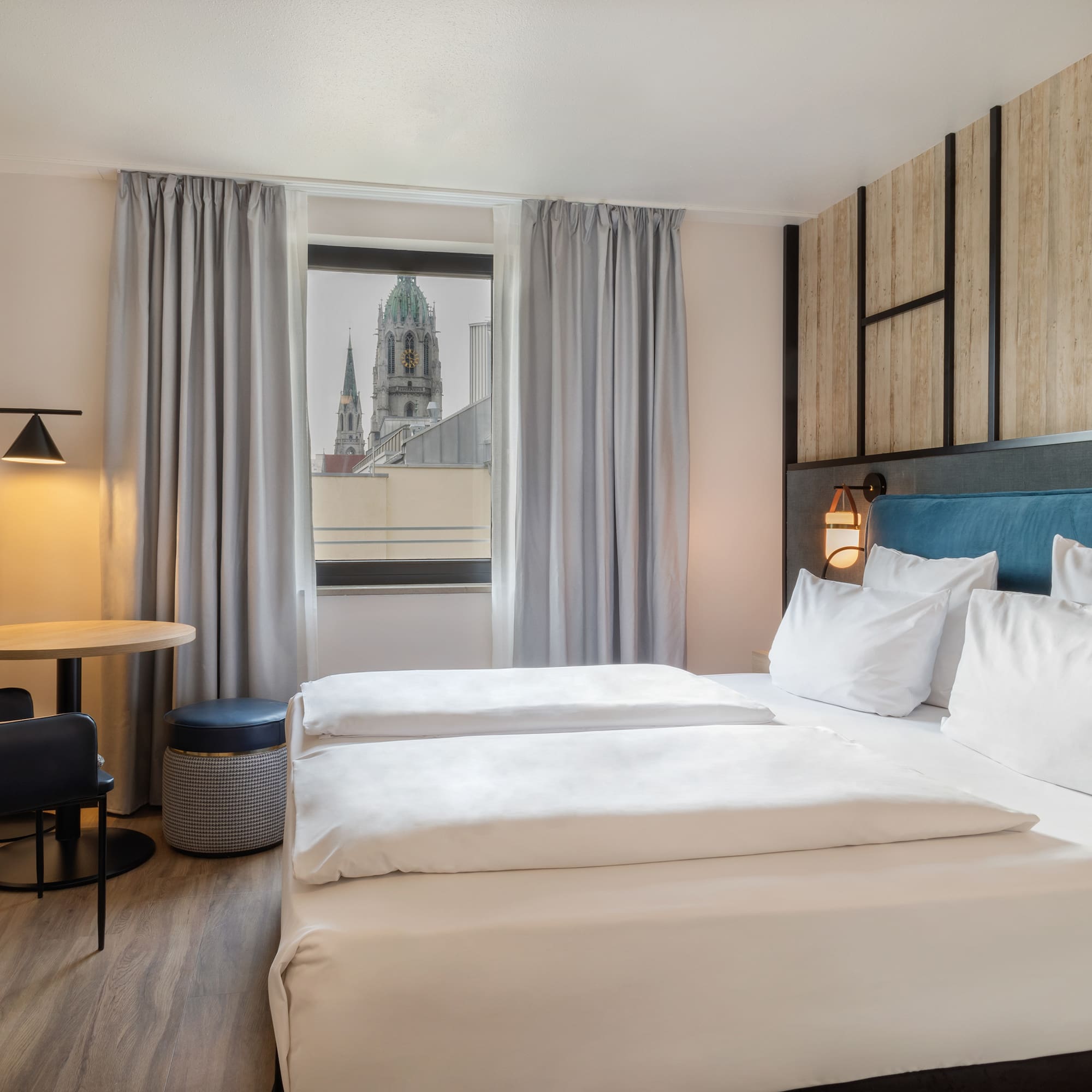 a room with a bed and a table