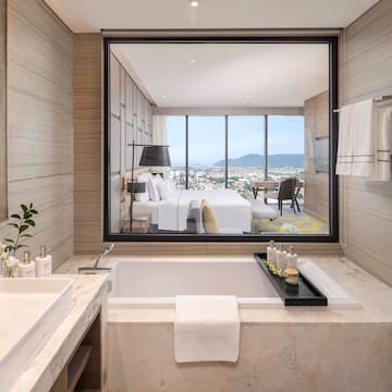 a bathroom with a large window