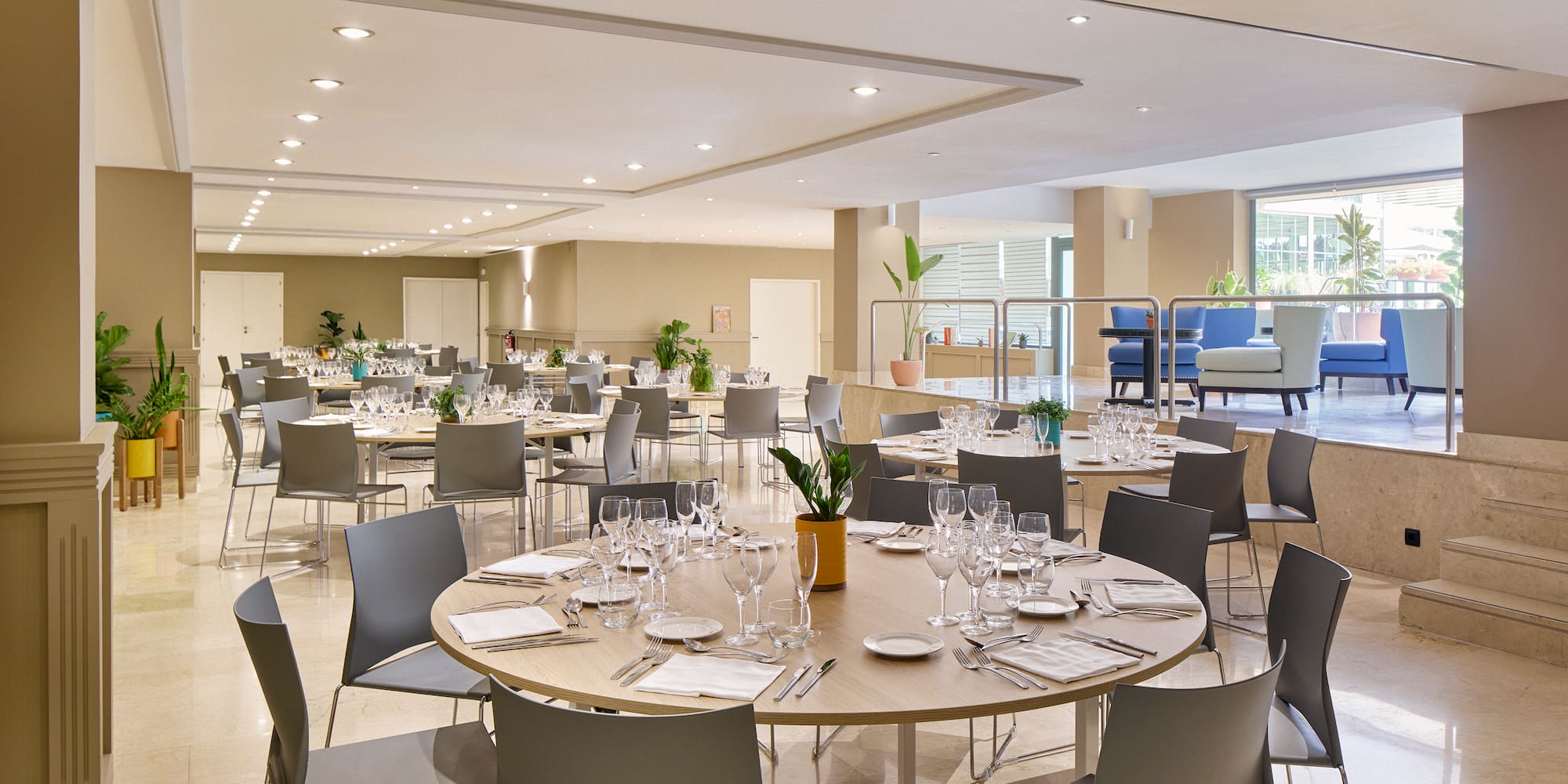 a room with tables and chairs