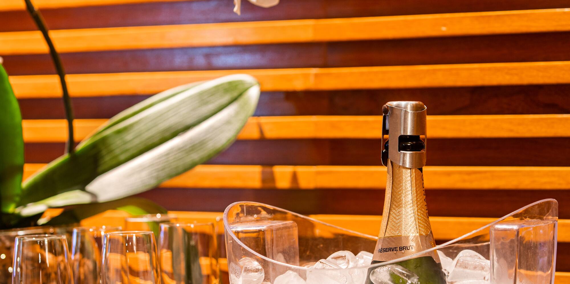 a champagne bottle in a bucket of ice