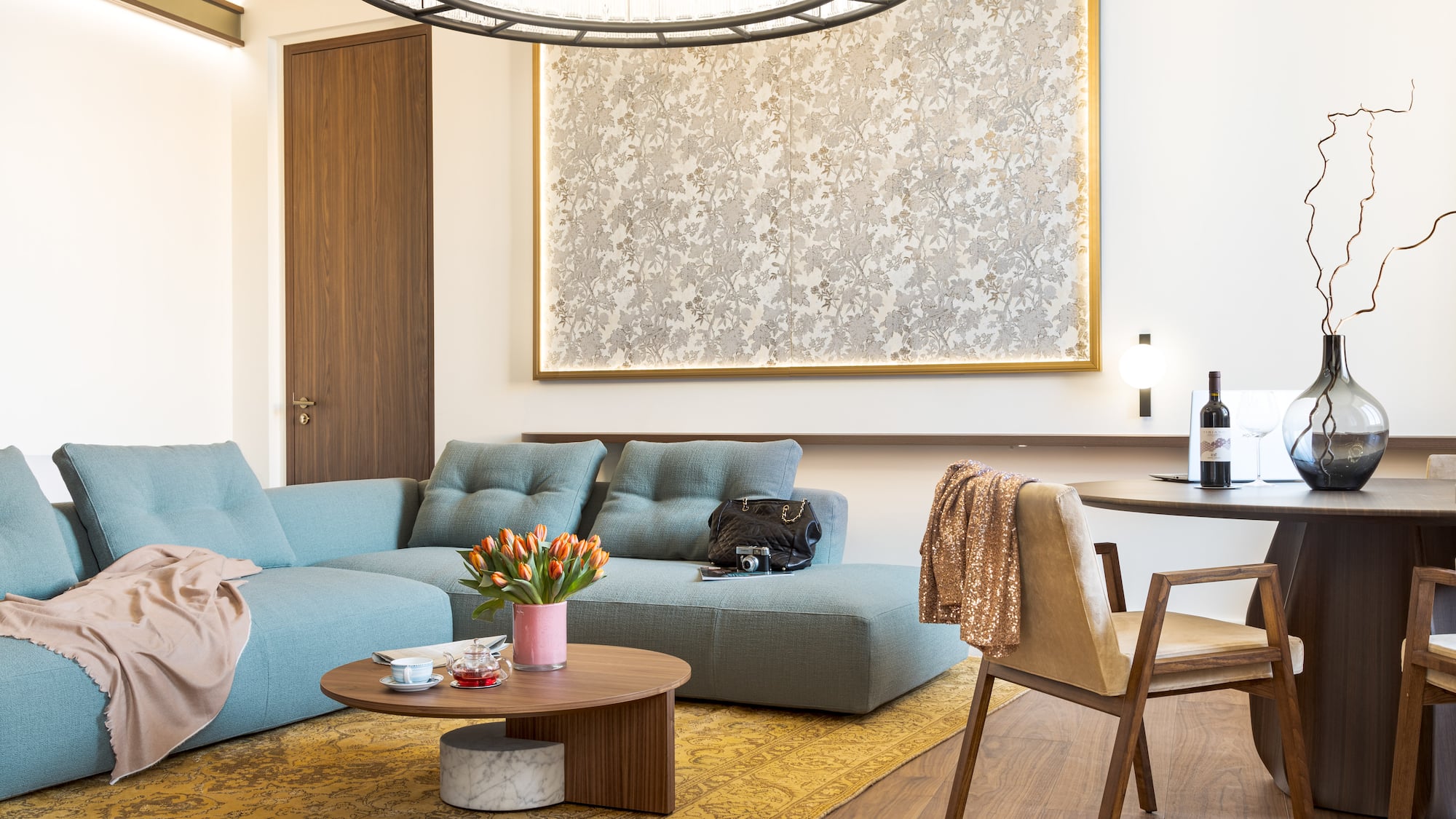 a living room with a couch and a table