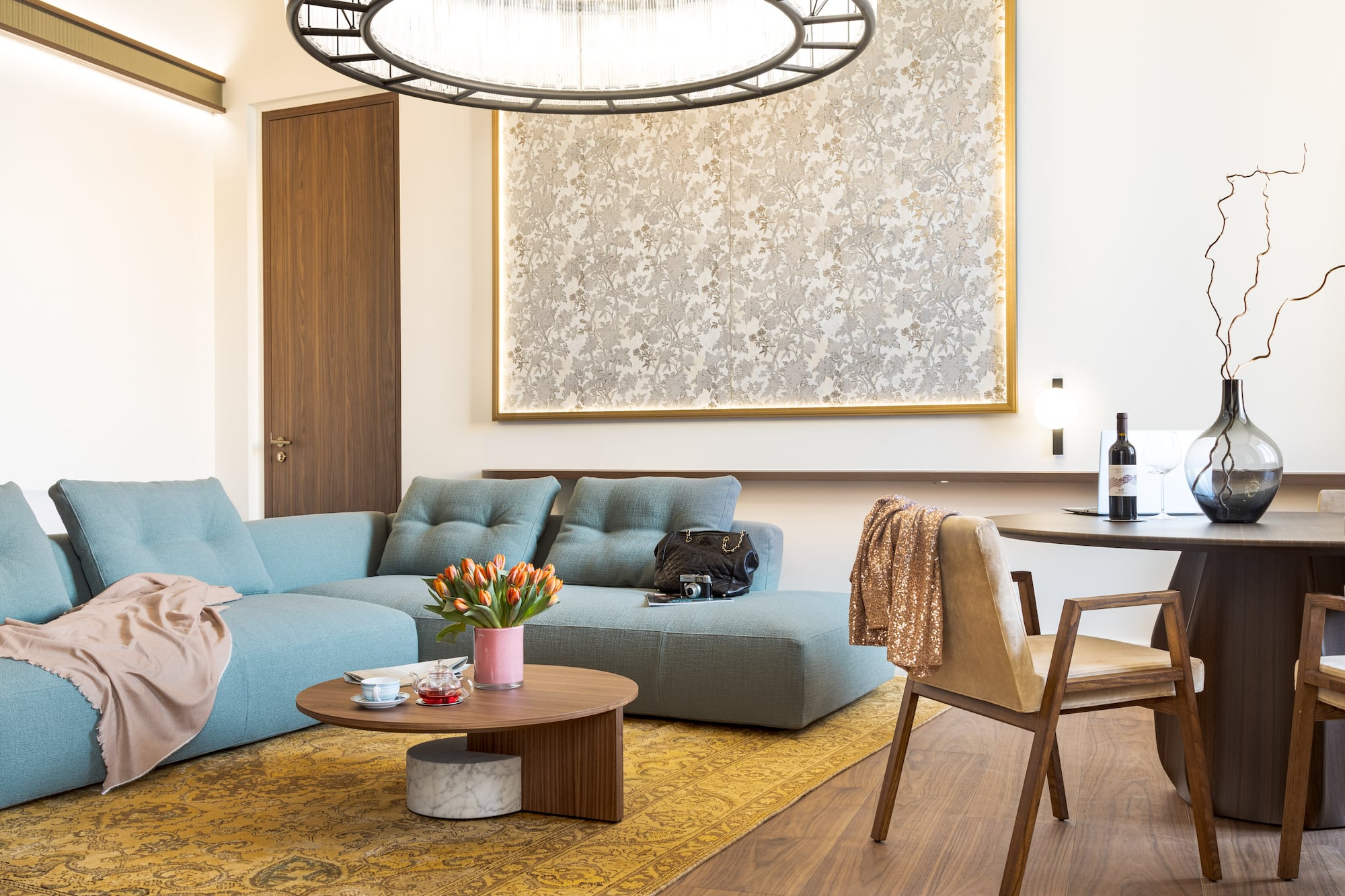 a living room with a couch and a table