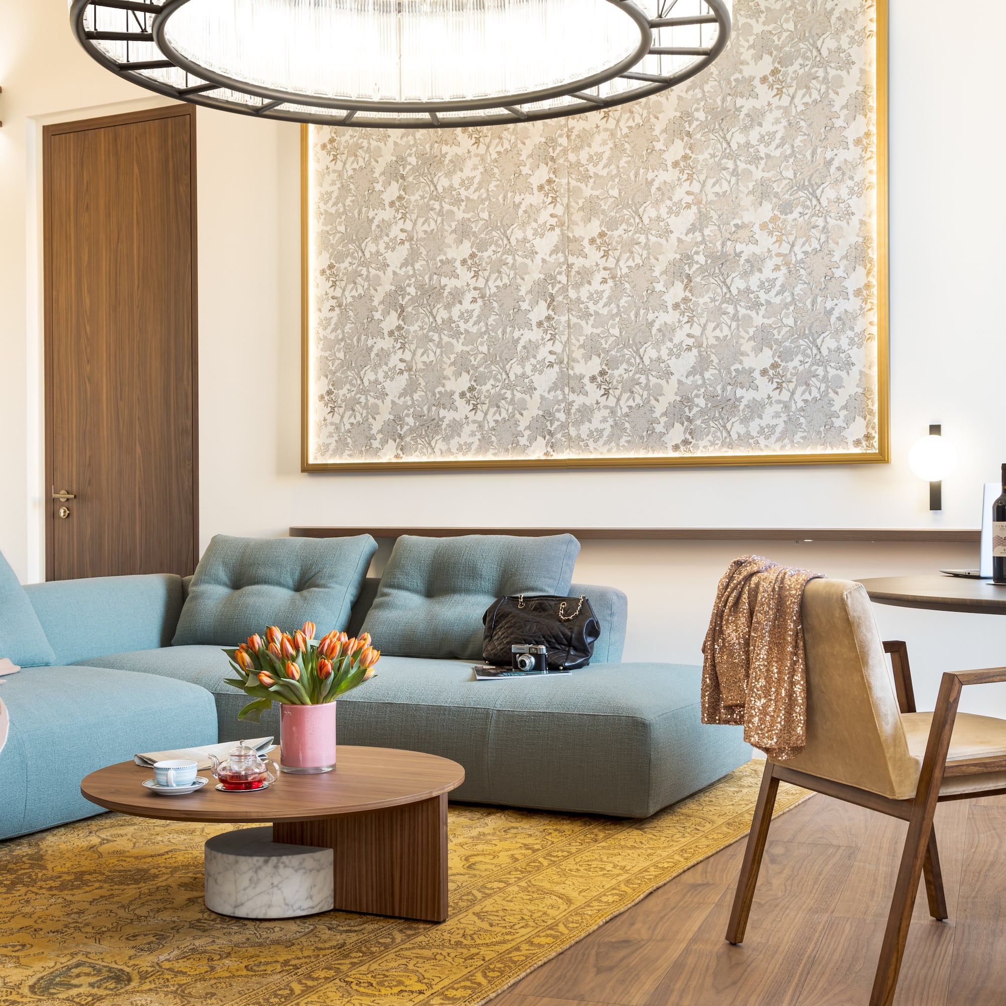 a living room with a couch and a table