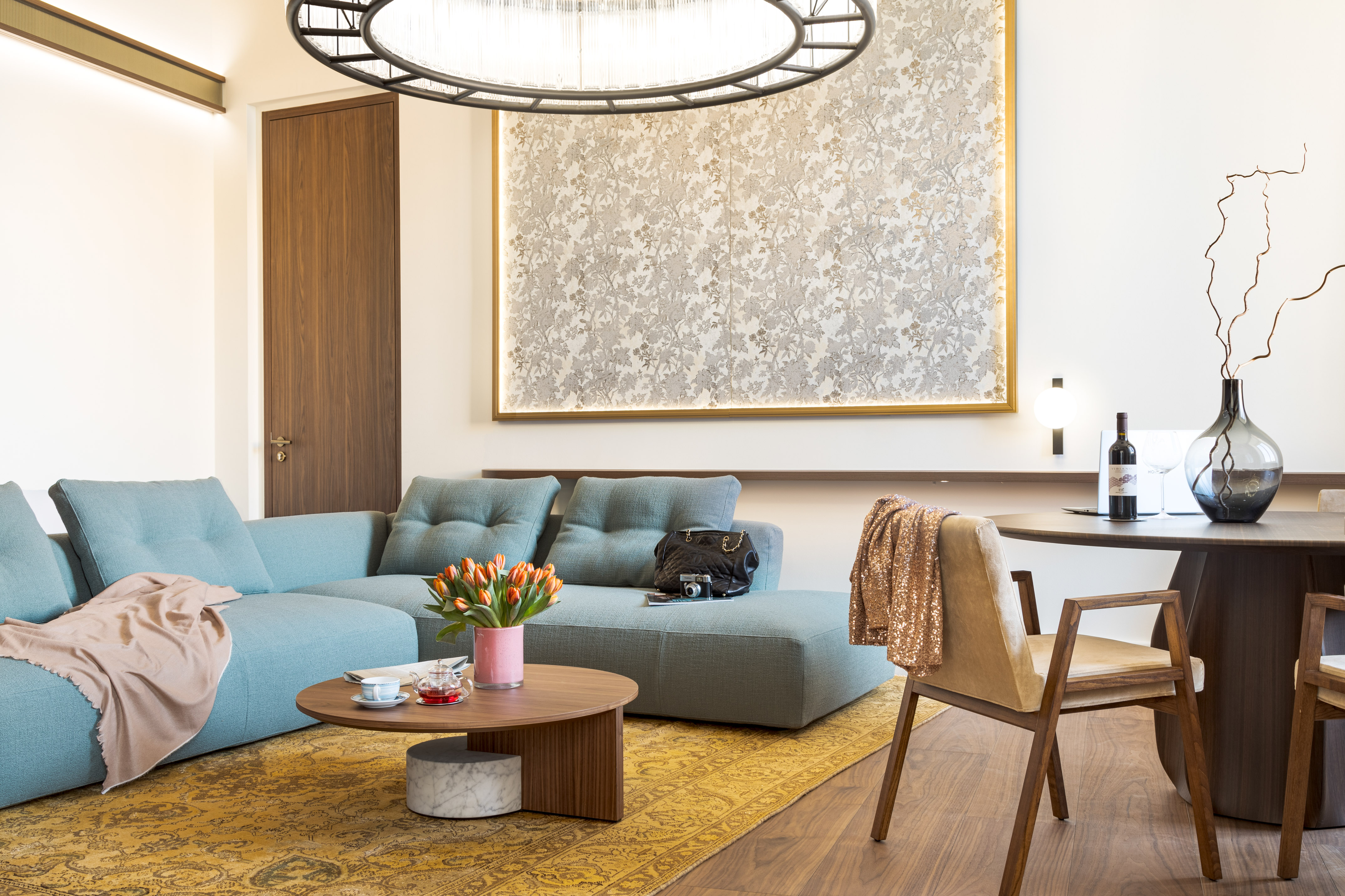 a living room with a couch and a table