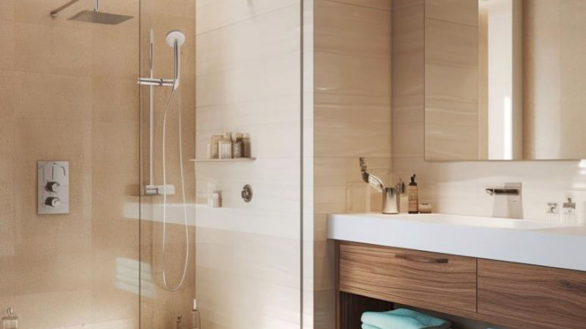 a bathroom with a glass shower and sink