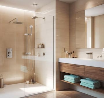 a bathroom with a glass shower and sink