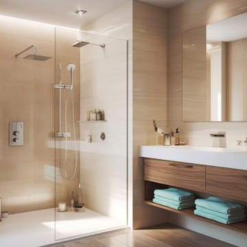 a bathroom with a glass shower and sink