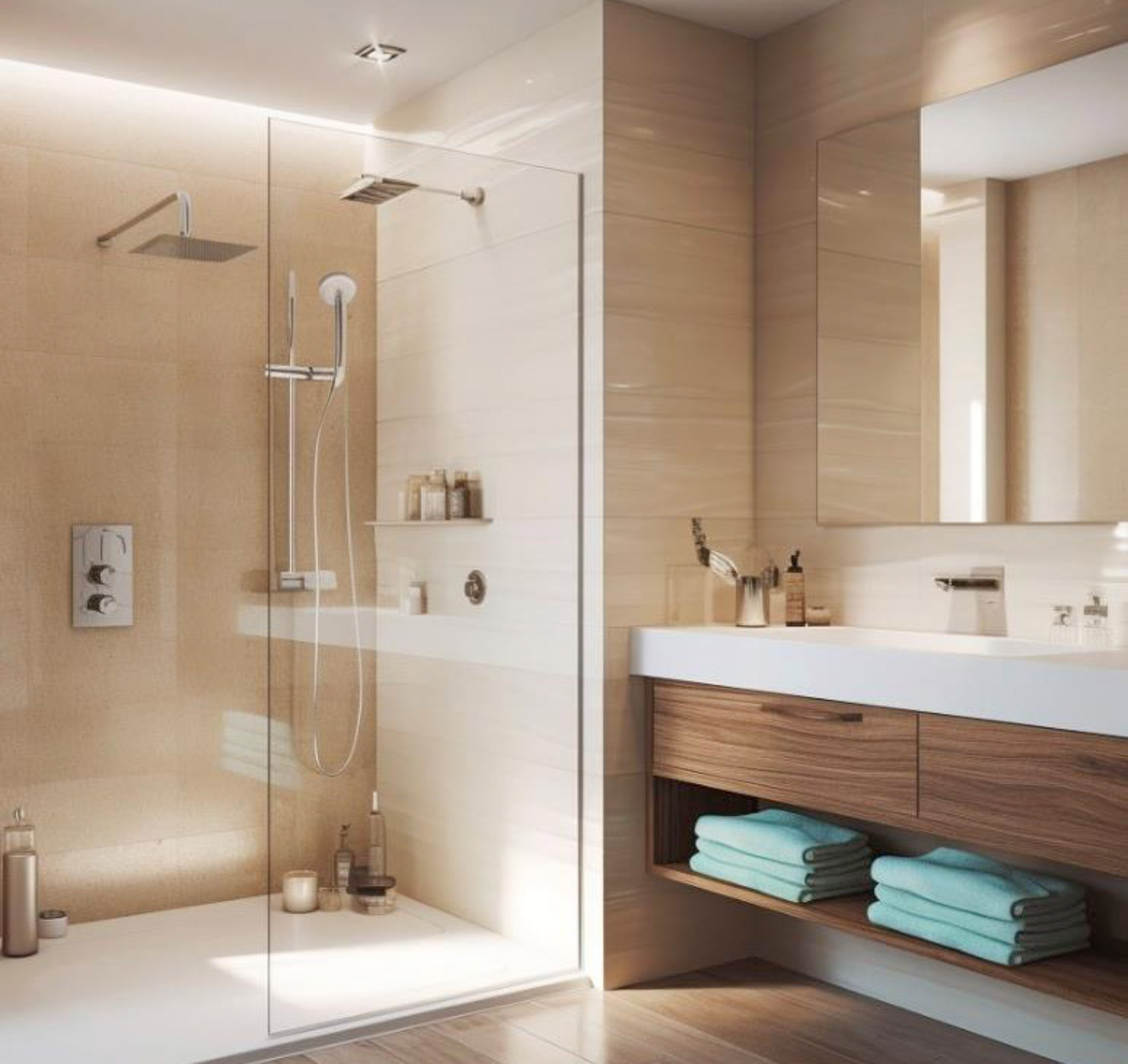 a bathroom with a glass shower and sink