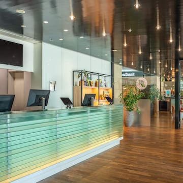 a reception desk in a building