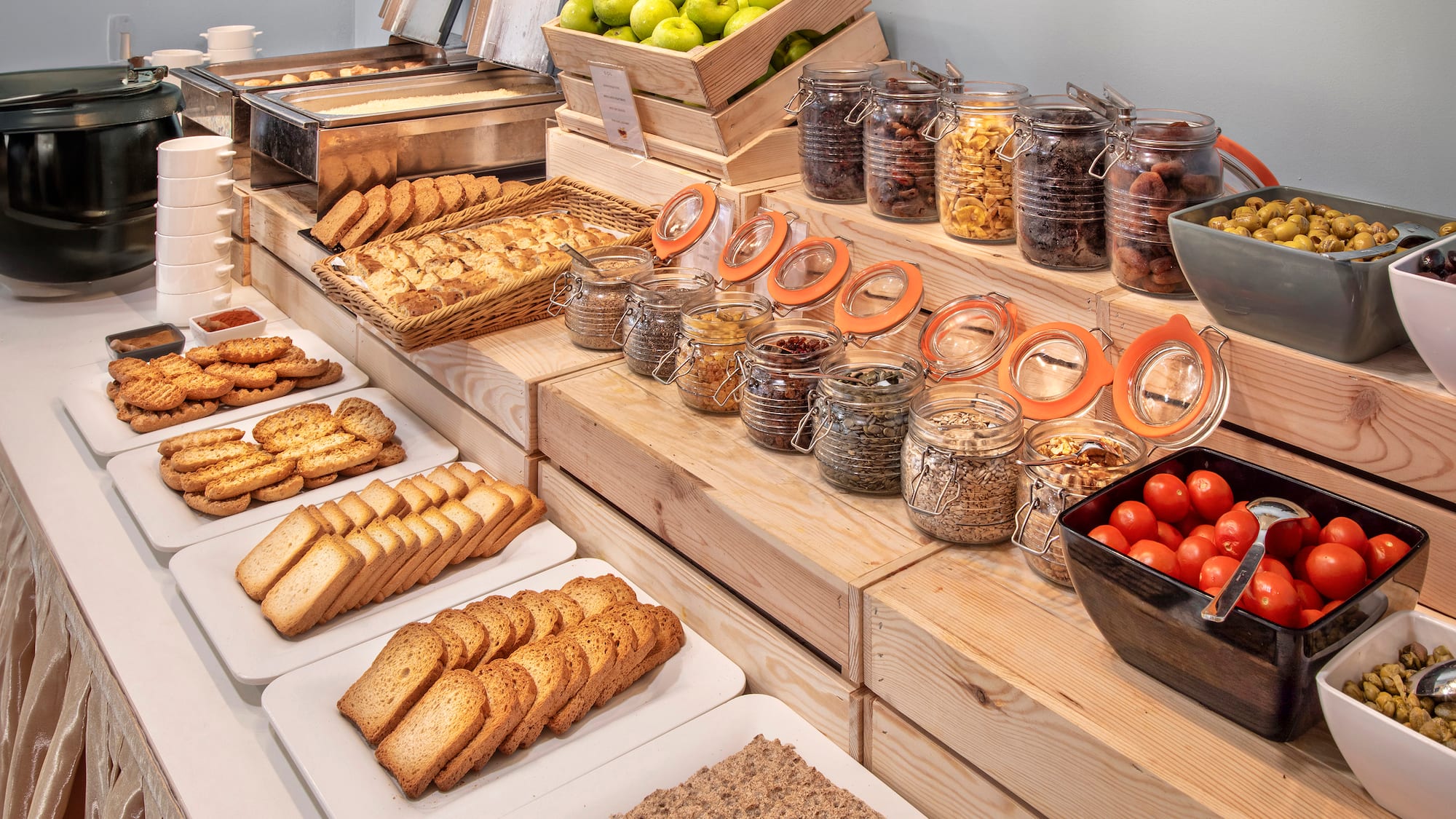 a buffet table with food on it
