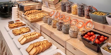a buffet table with food on it