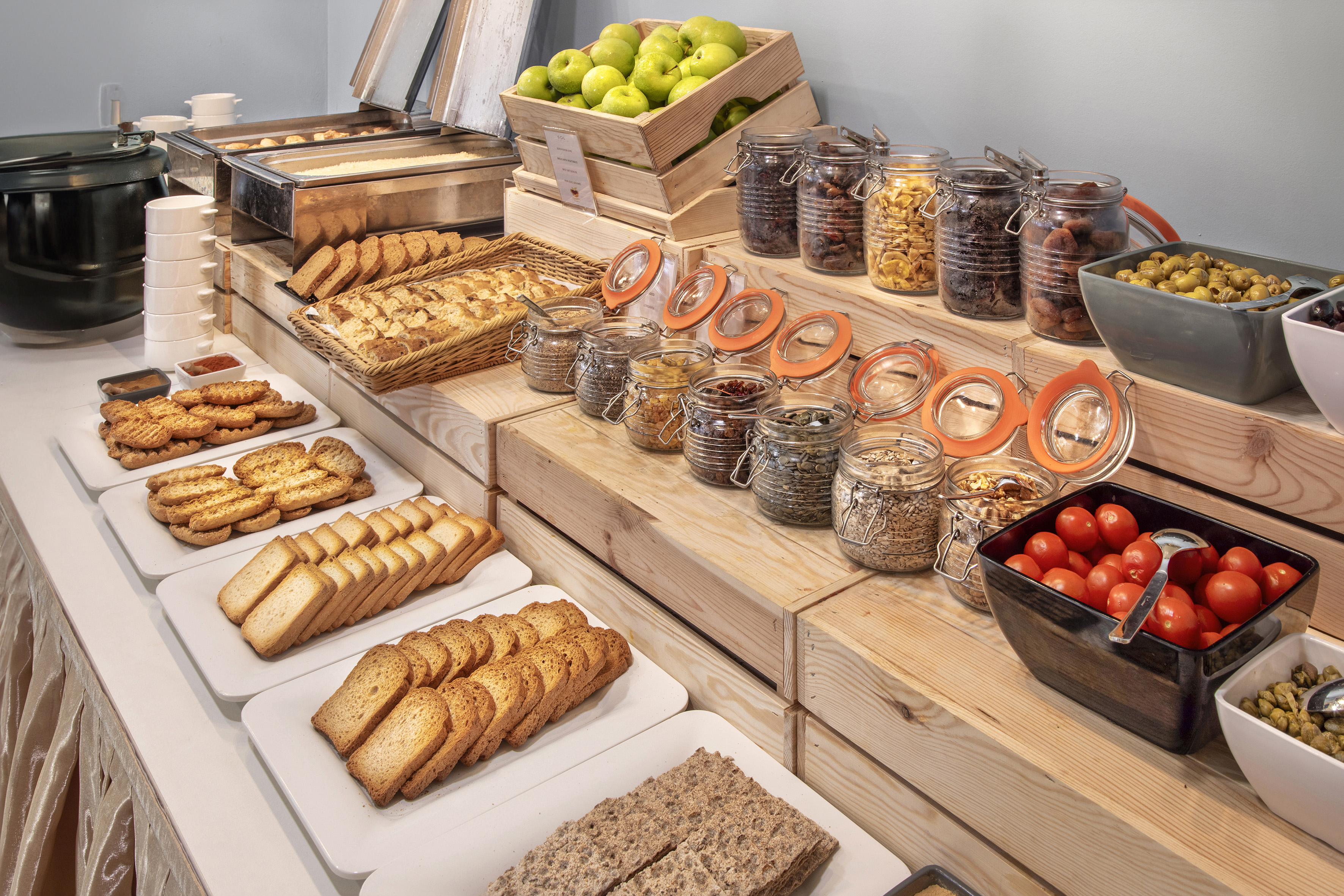 a buffet table with food on it