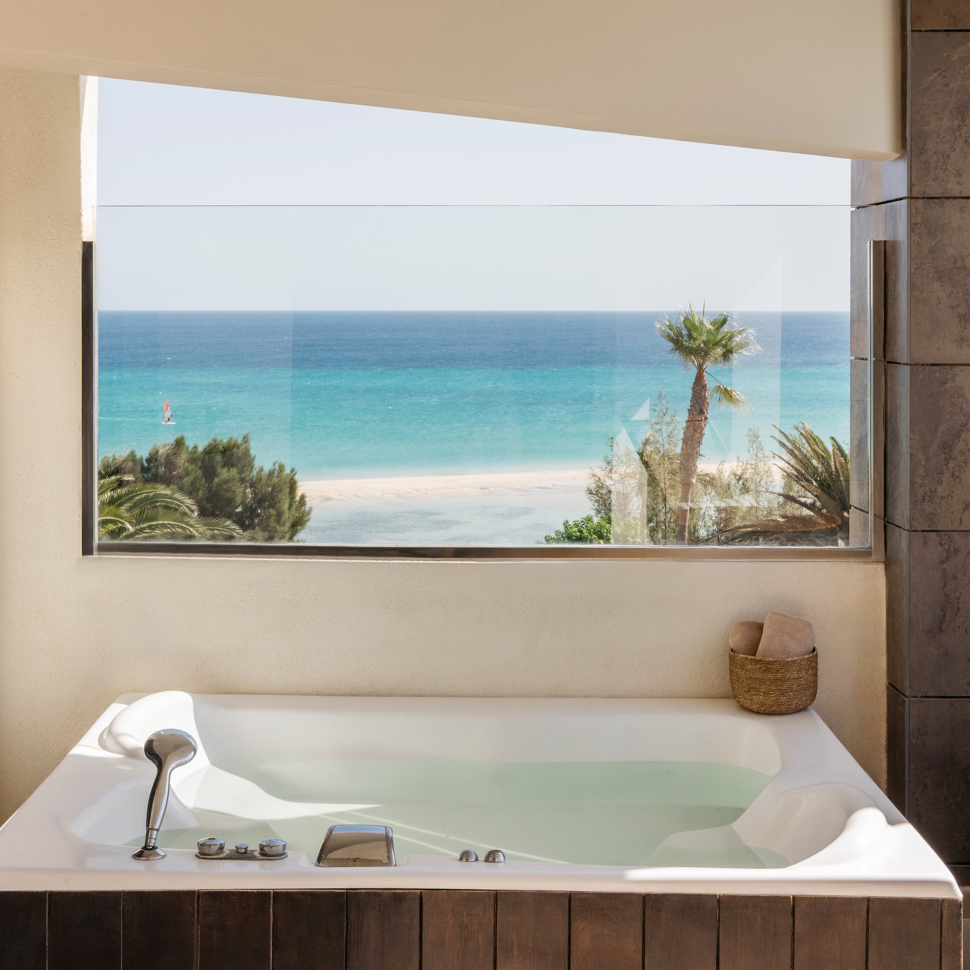 a bathtub with a view of the ocean