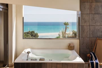 a bathtub with a view of the ocean