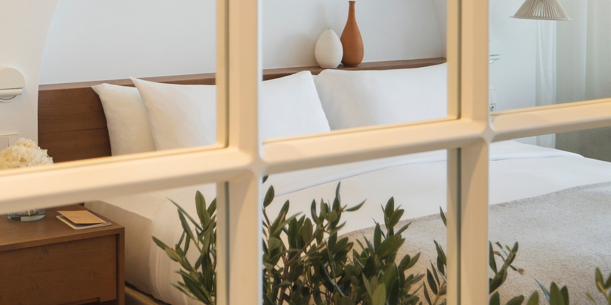 a window with a bed and plant