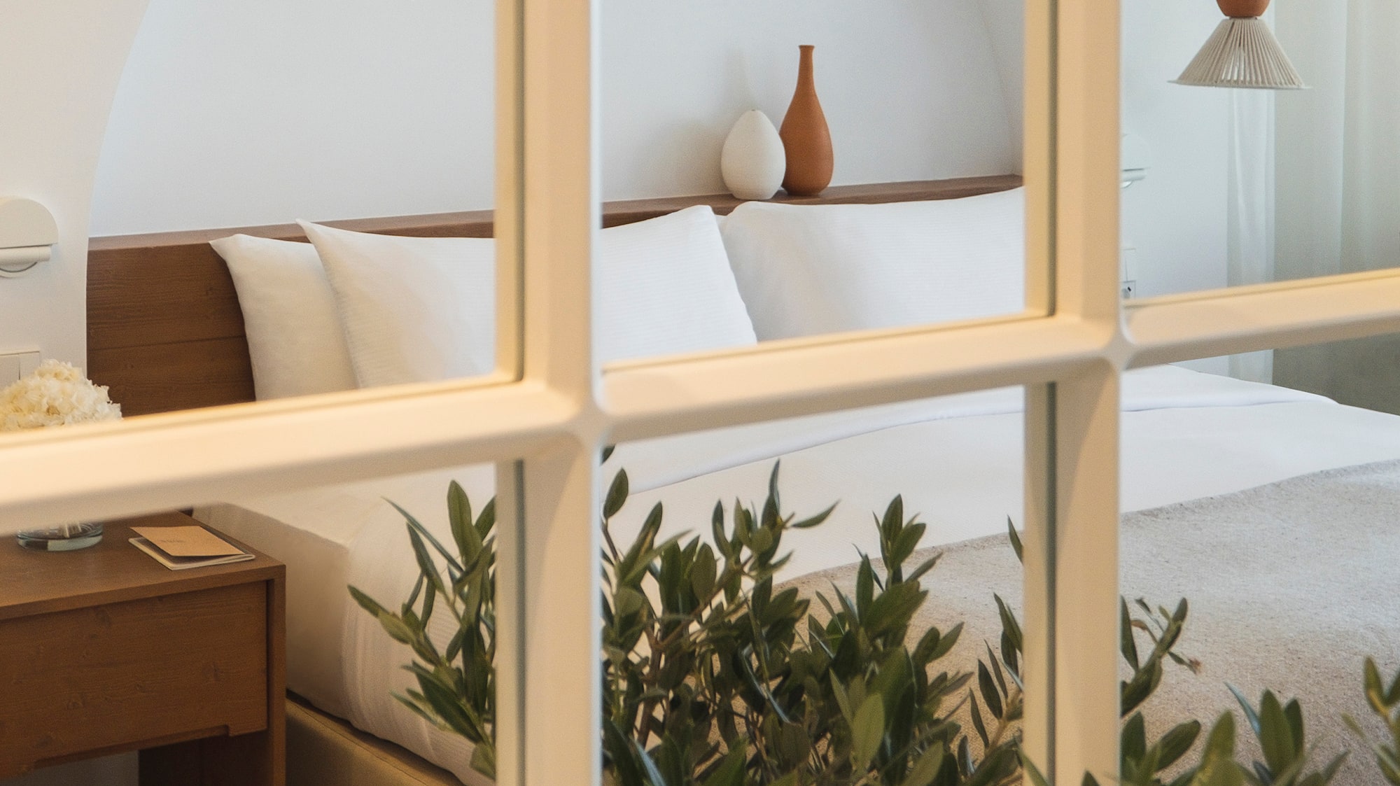 a window with a bed and plant