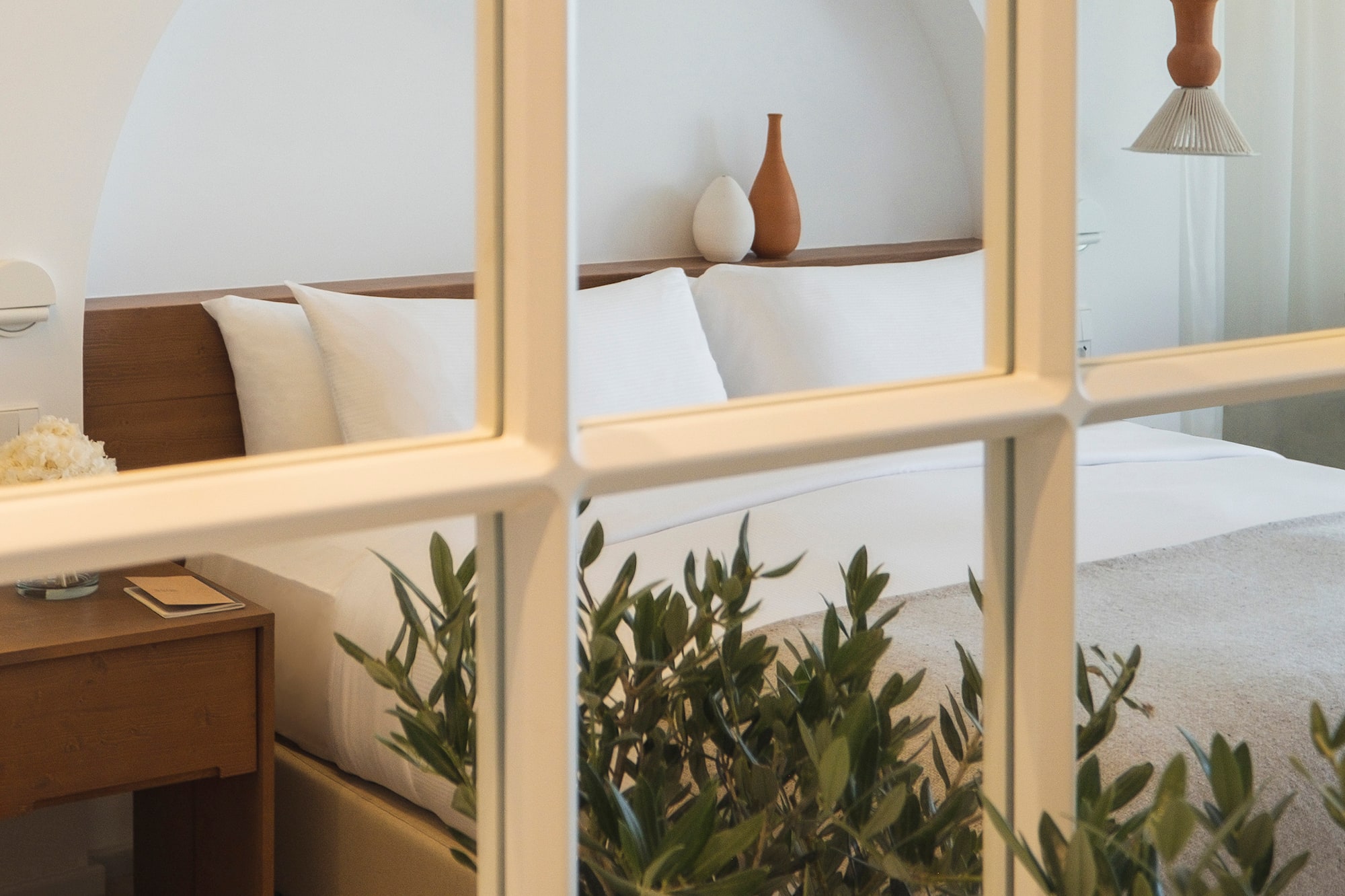 a window with a bed and plant