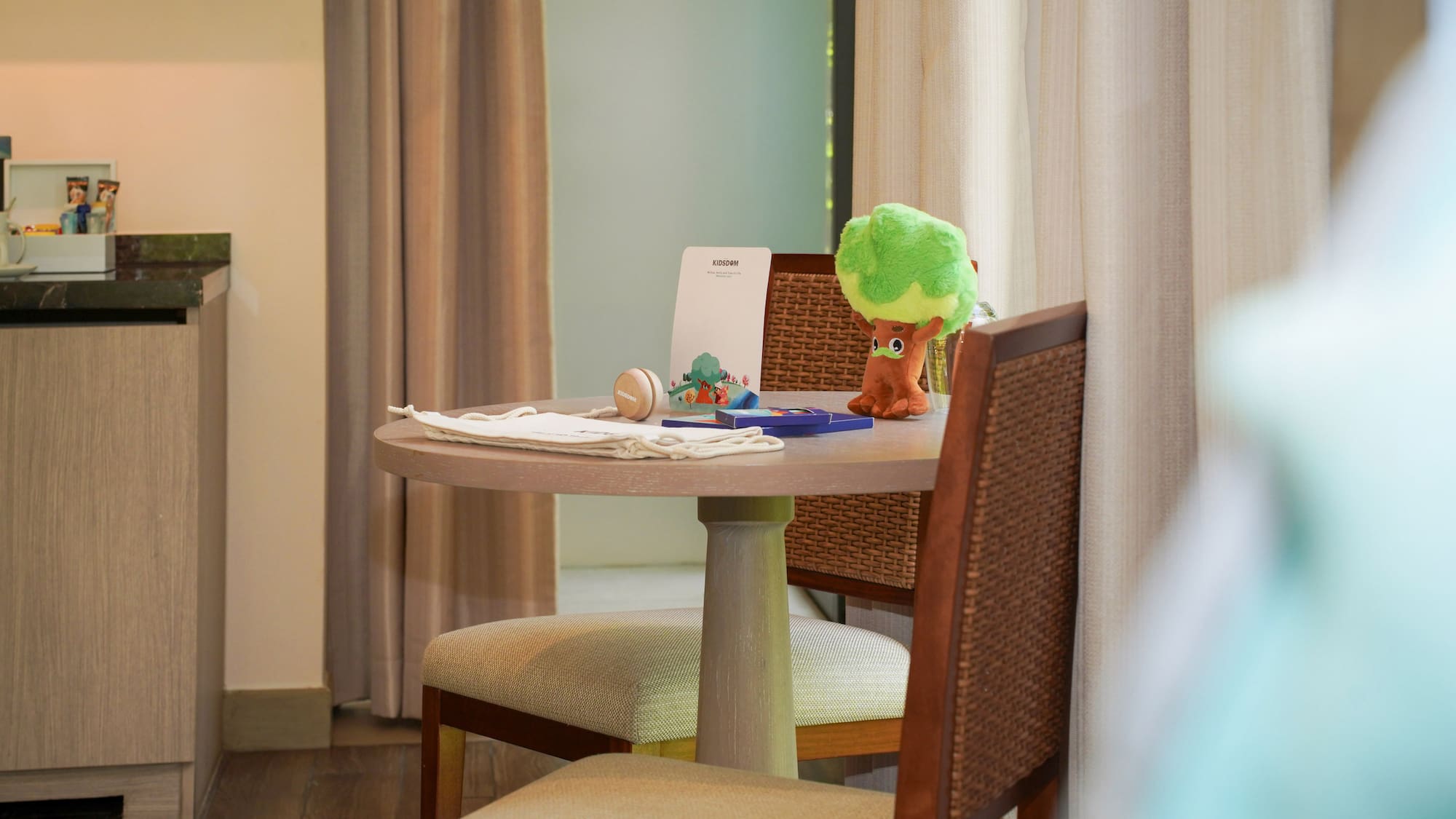 a table with a toy on it