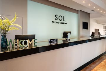 a reception desk in a hotel