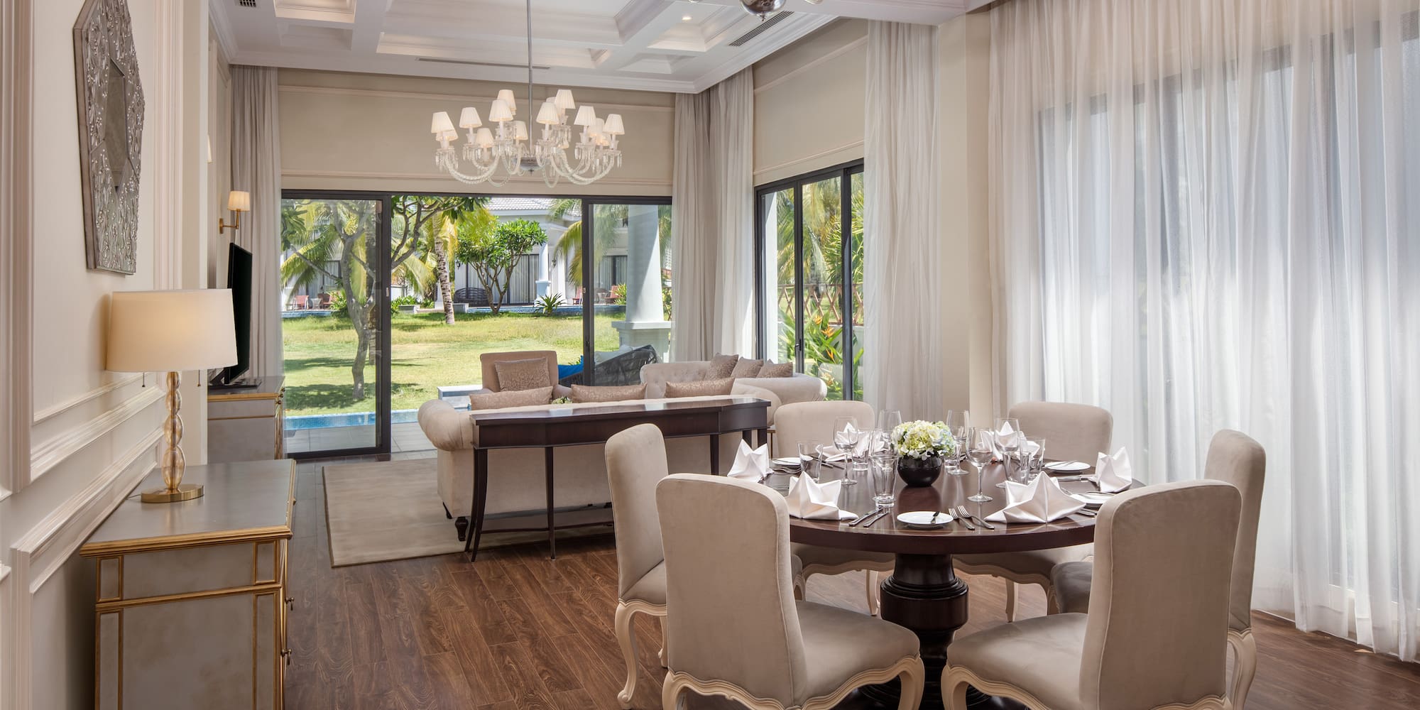 a room with a table and chairs