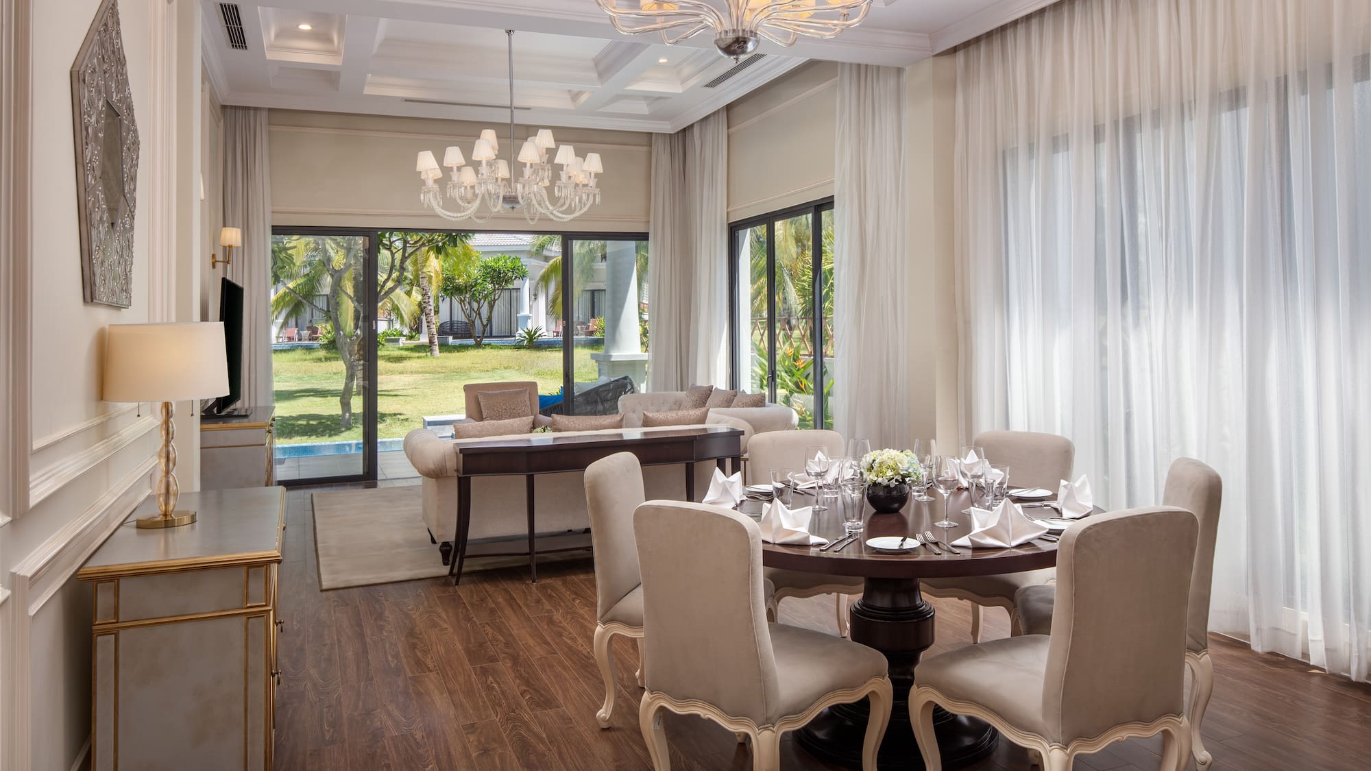 a room with a table and chairs