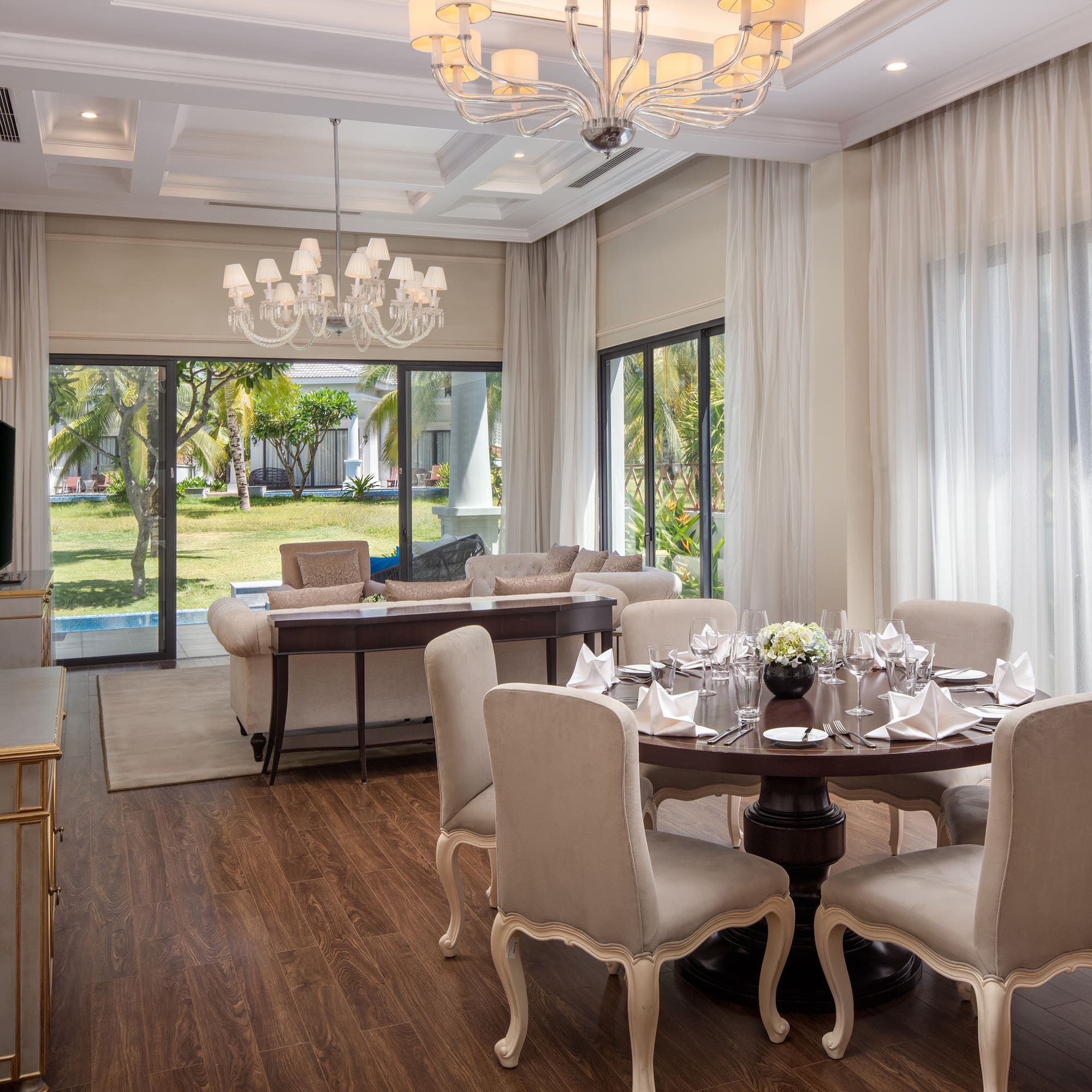 a room with a table and chairs