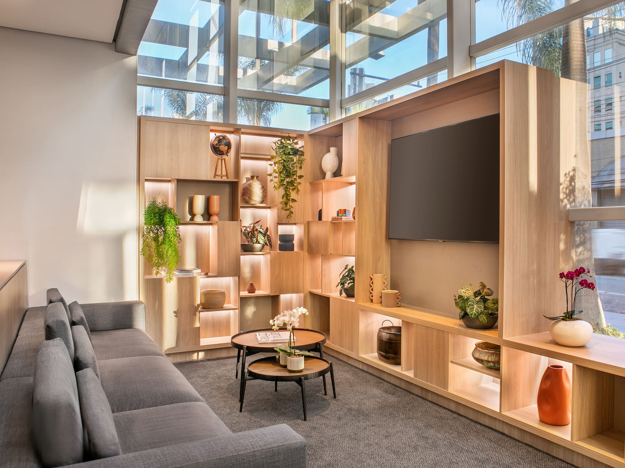 Modern lounge with wood display shelving, gray sofa, decorative plants, and natural light.