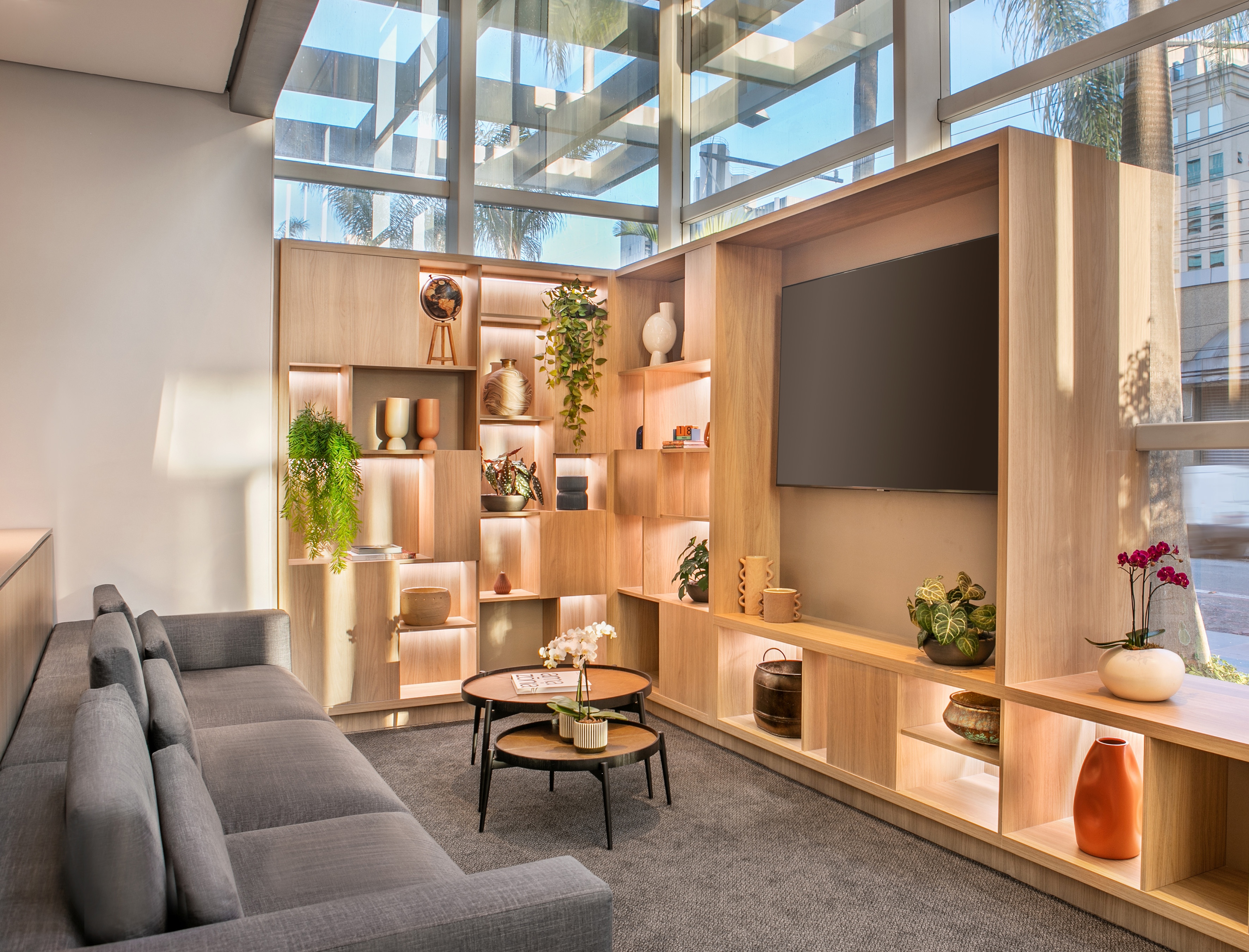 Modern lounge with wood display shelving, gray sofa, decorative plants, and natural light.