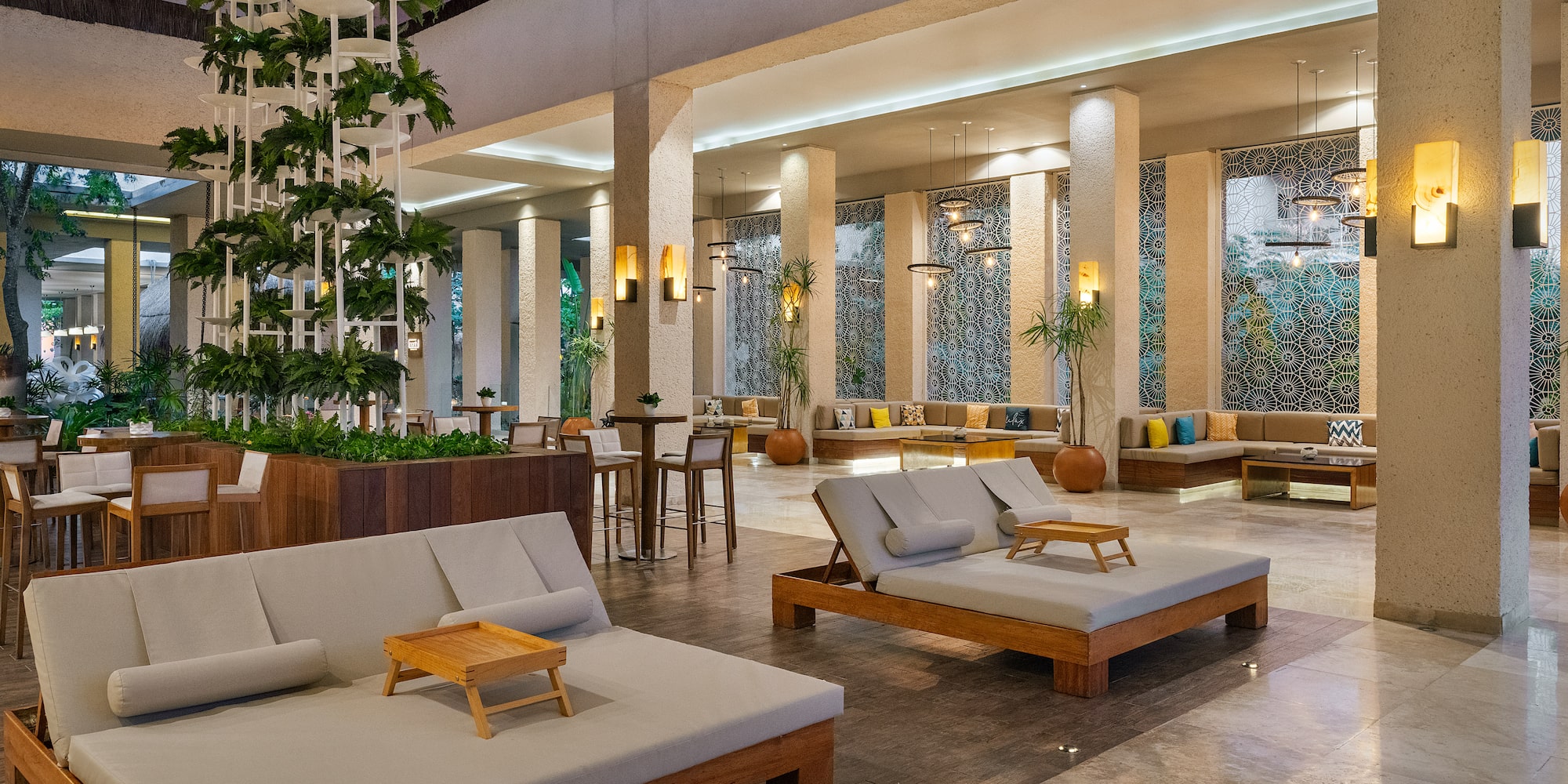 a large room with couches and tables