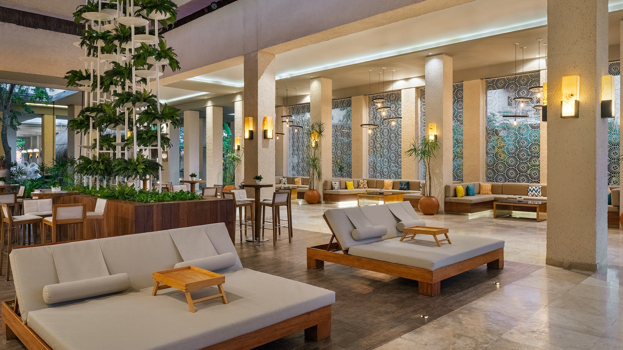 a large room with couches and tables