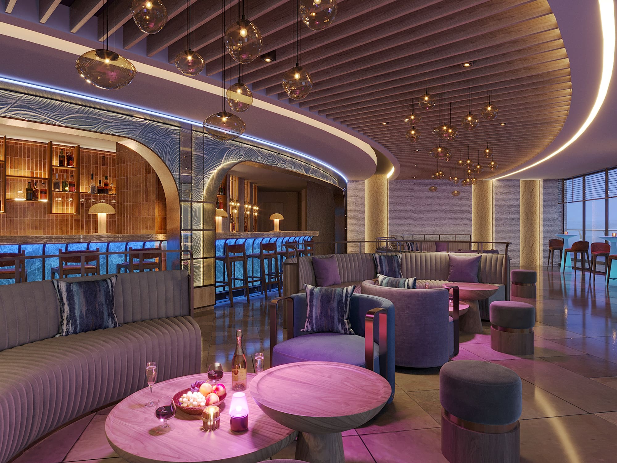 Luxury bar lounge with blue LED bar, elegant decor, and plush seating.