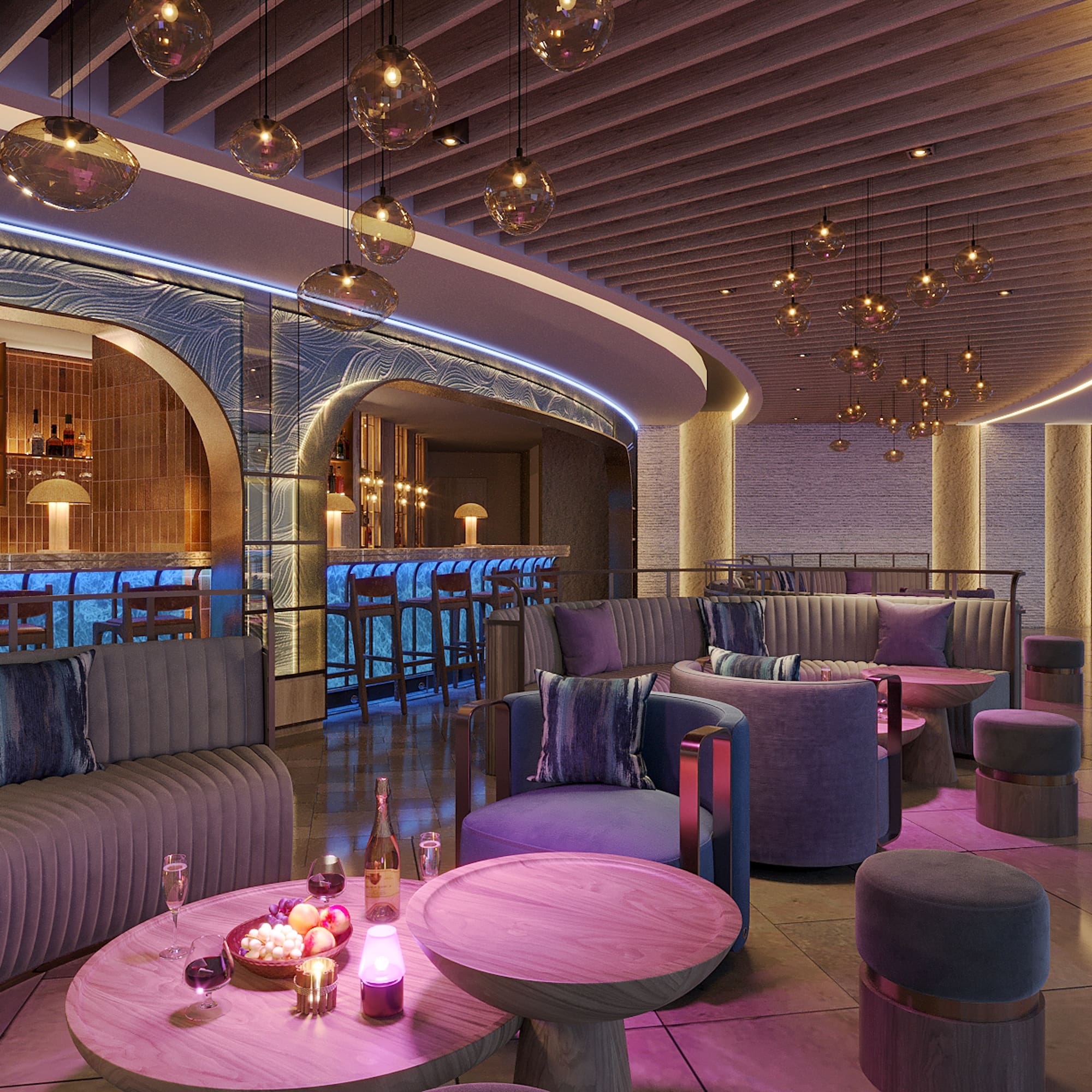 Modern bar lounge interior with blue ambient lighting and stylish seating.
