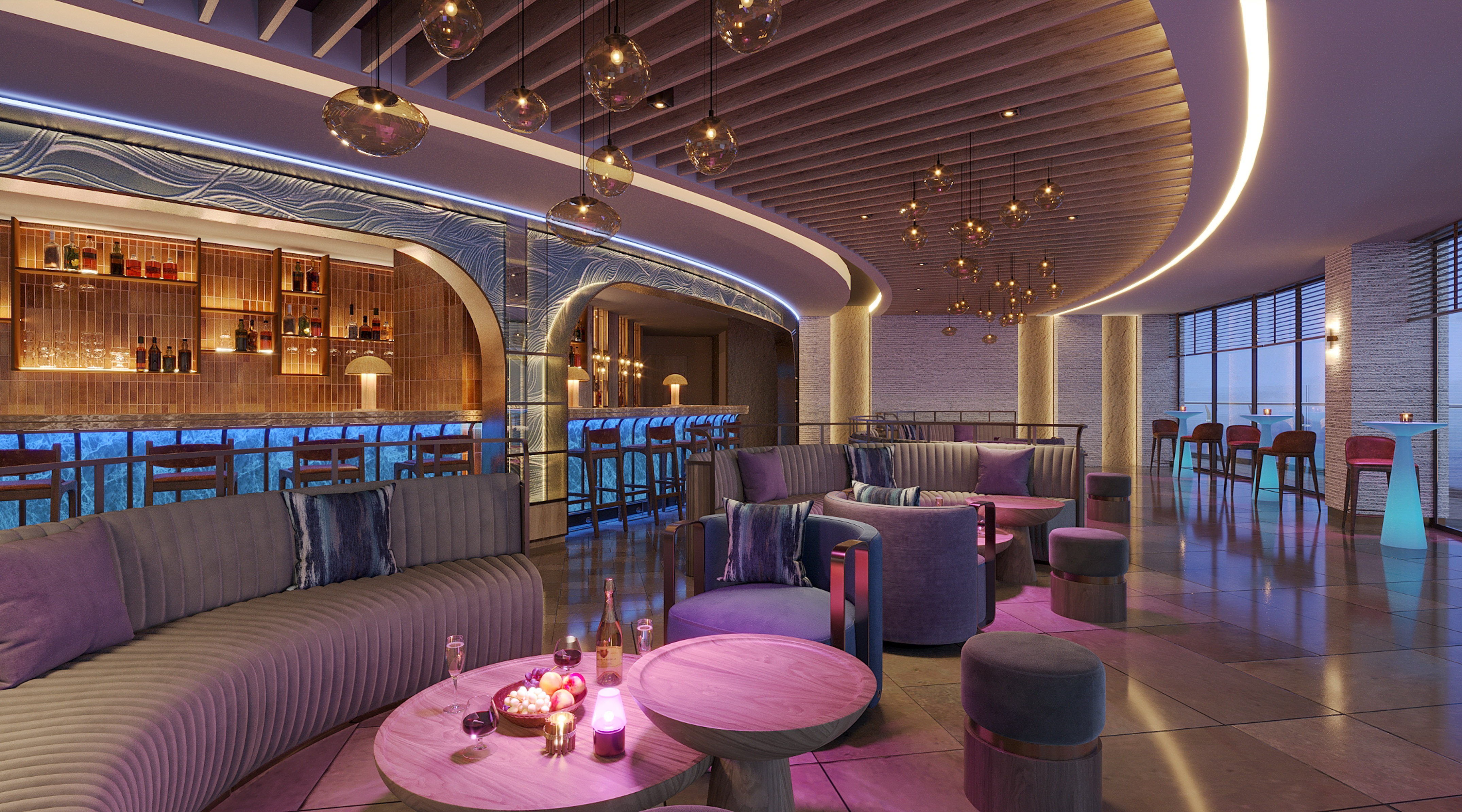 Luxury bar lounge with blue LED bar, elegant decor, and plush seating.