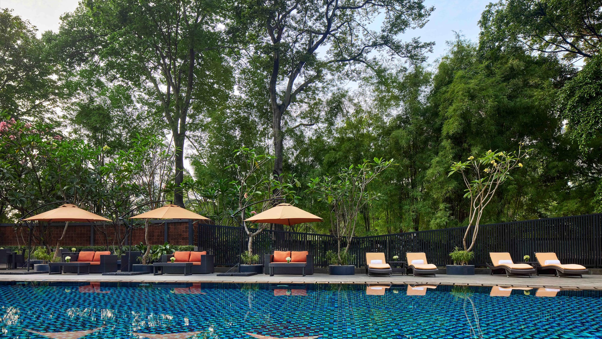 a pool with chairs and umbrellas
