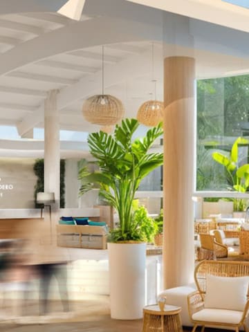 a room with a large white ceiling and plants