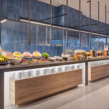 a buffet with food on the counter