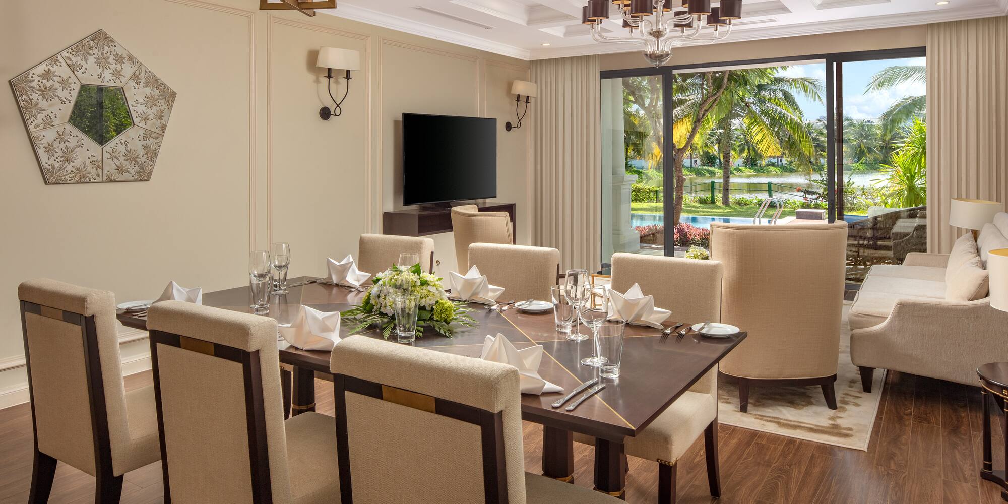 a room with a table and chairs