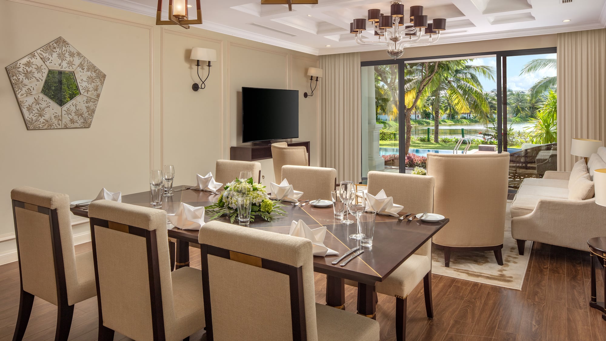 a room with a table and chairs