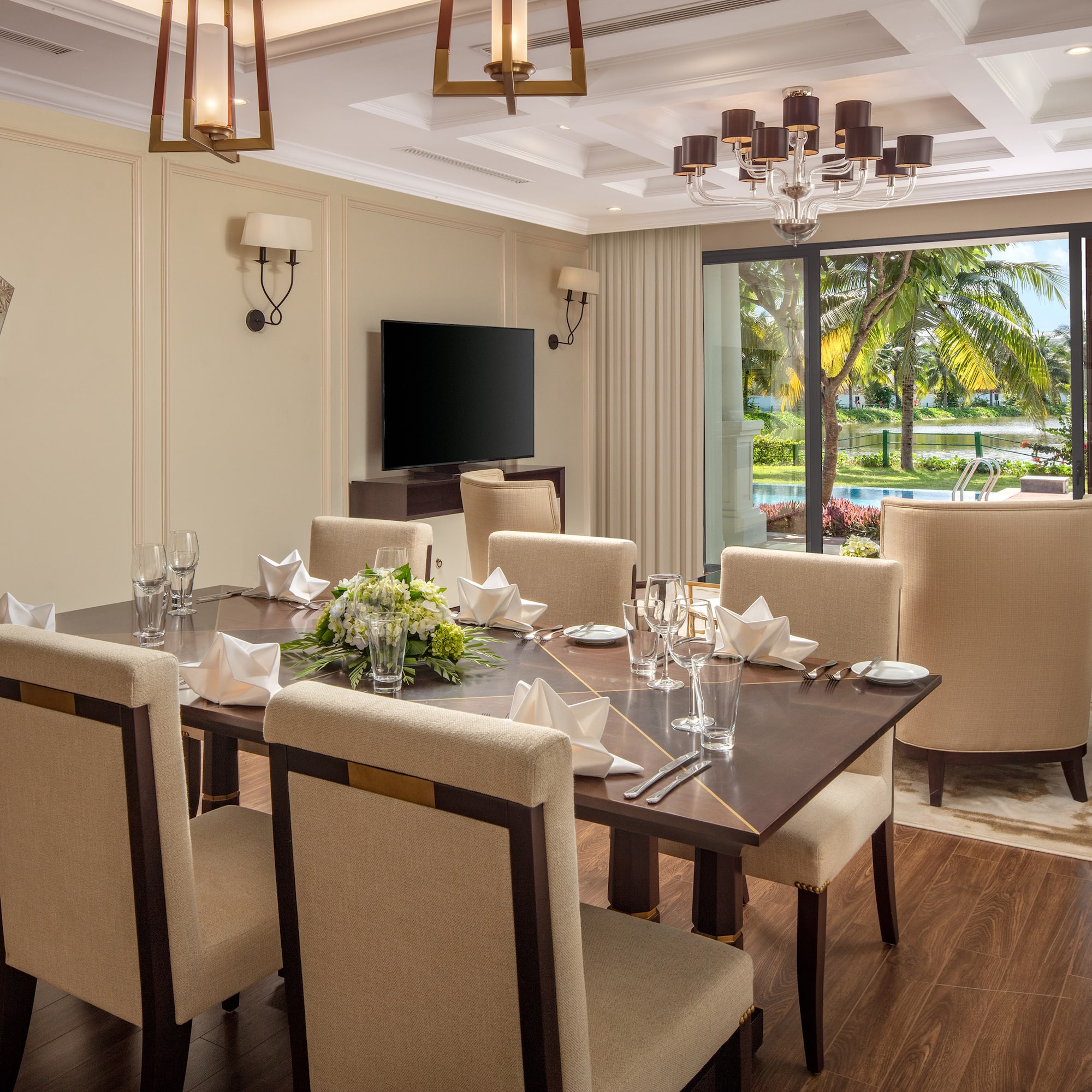 a room with a table and chairs