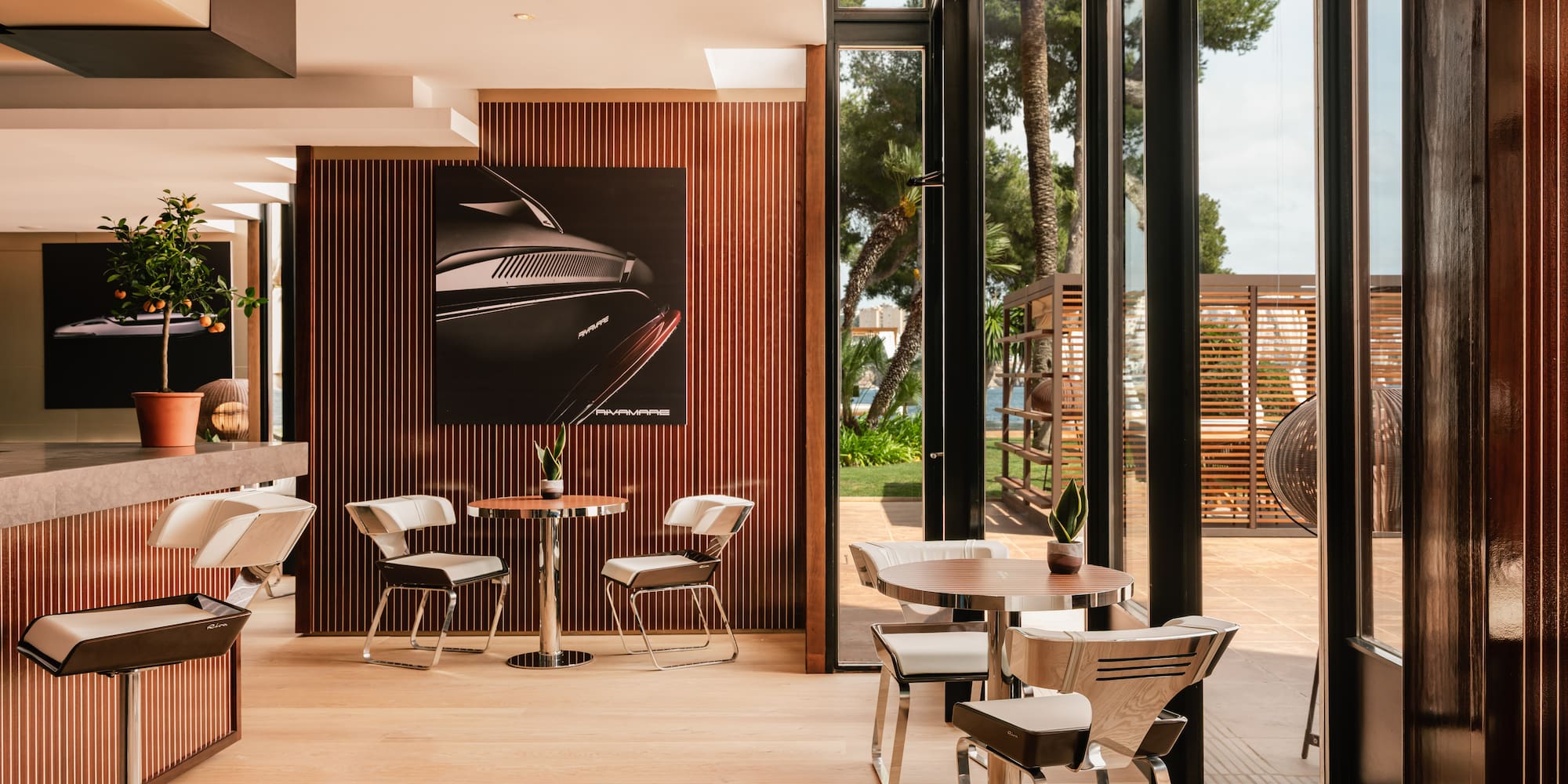 a room with tables and chairs