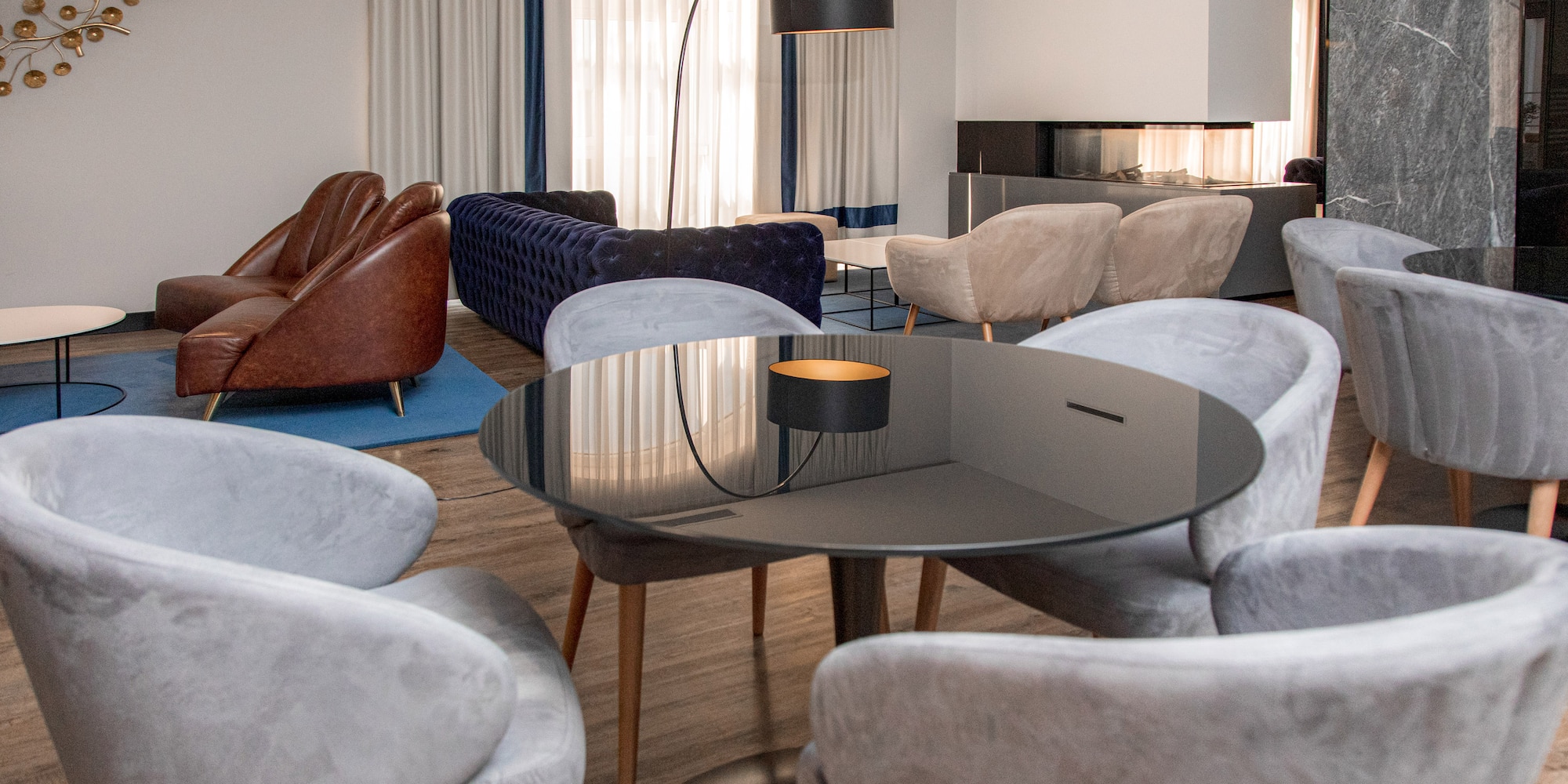 a room with a table and chairs