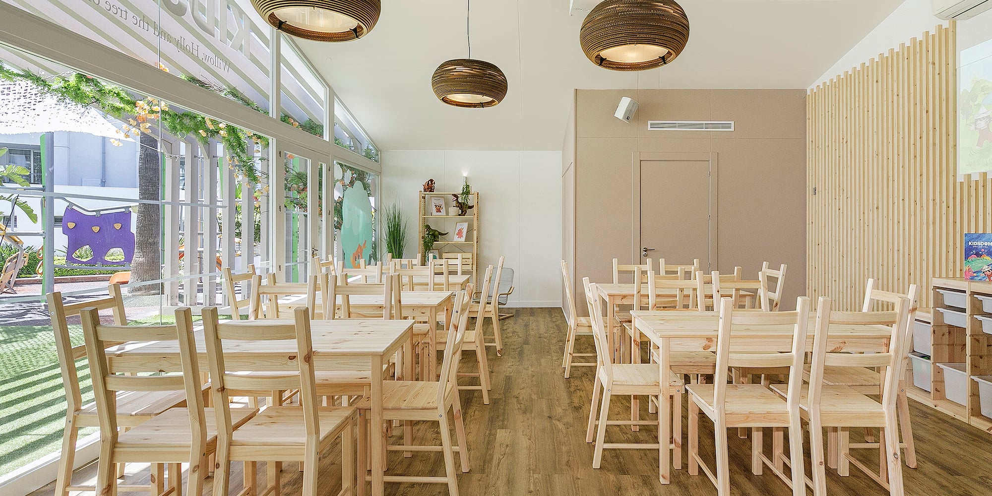 a room with tables and chairs