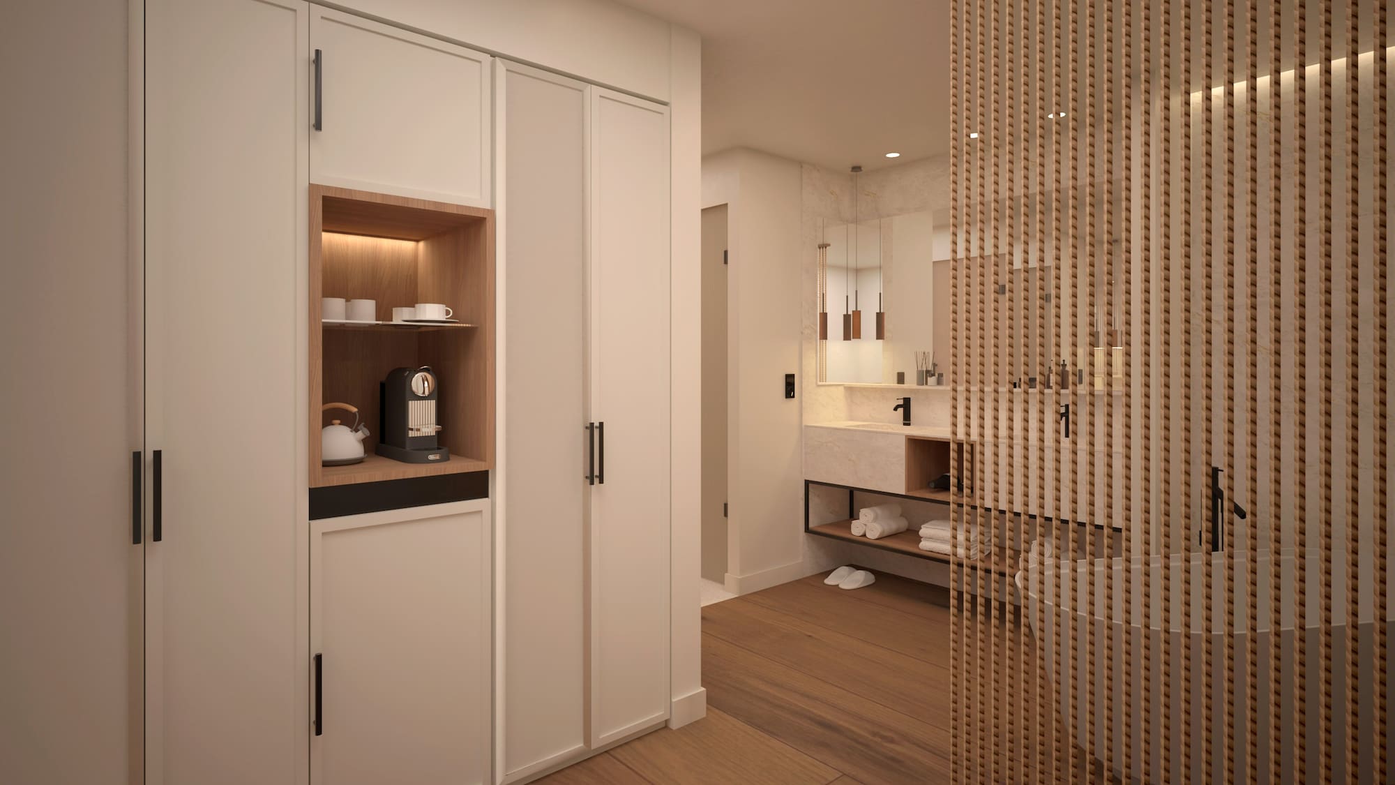 Intérieur moderne, placards muraux blancs, cloison en bois et salle de bain lumineuse. - Suite - Hotel Golf Santa Ponsa Meliá Collection, Majorque