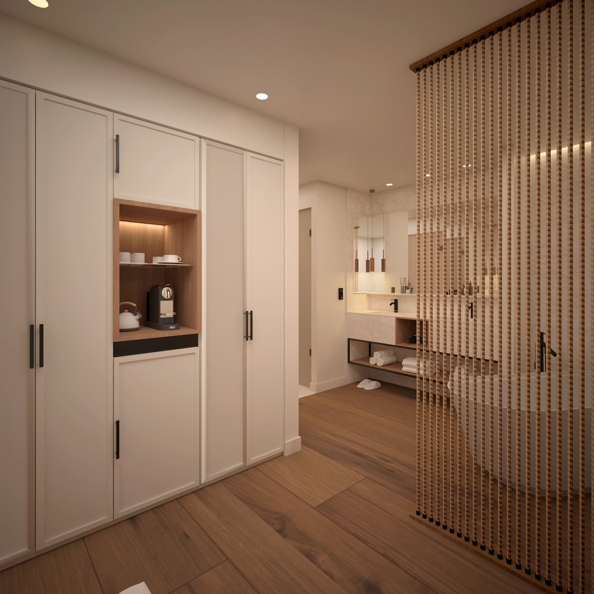Modernes Badezimmer mit Holzboden, Einbauschränken und Seilvorhang - Suite - Hotel Golf Santa Ponsa Meliá Collection, Mallorca