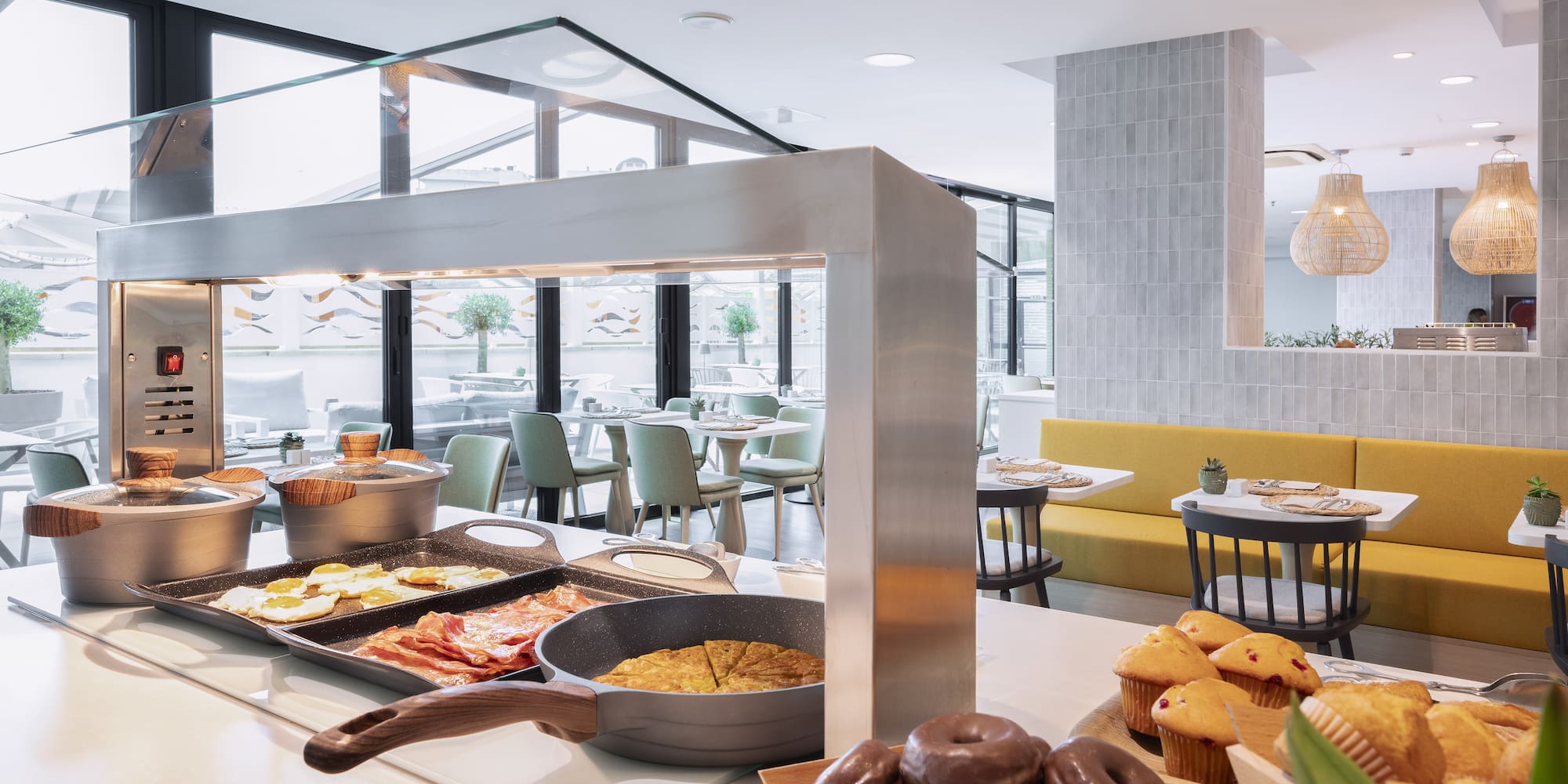 a buffet with food on the counter